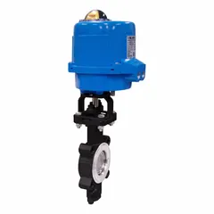 Carbon steel high-performance electric butterfly valve with stainless steel disc and FKM seal. Lug-style connection for 6-inch pipe. Operates on 100 to 240V AC with manual input control signal. Suitable for on/off or modulating flow control in industrial piping systems handling water, oil, or gas.