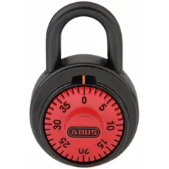 This ABUS combination padlock features a steel body and steel shackle with a red dial for keyless operation. It is suitable for securing lockers, toolboxes, cabinets, and gates in shared-access environments.