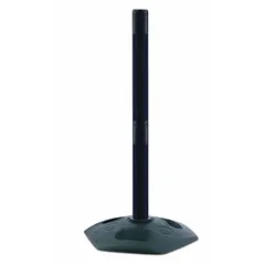 This sloped-base receiver post is designed for use with retractable belt barriers in pedestrian guidance systems. It features a 38-inch black plastic post and a rubber sloped base. The nonfillable base provides stability for crowd control and queue management applications.