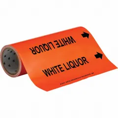Orange adhesive pipe marker with black legend text reading 'White Liquor' and flow-direction arrows. Designed for pipes with outer diameter 2-1/2 to 6 inches. Supplied on a roll of 30 markers for convenient application. Used to identify pipes carrying white liquor in industrial facilities such as pulp and paper plants and chemical processing.
