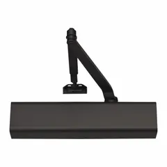 This NORTON 8000 Series door closer is a Grade 1 heavy-duty unit with a parallel arm and non-hold-open function. It features an adjustable spring (size 6) for controlled closing force, suitable for interior or exterior commercial doors. The black finish and 13-inch length complement standard door applications. ADA compliant.