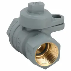 This manual two-way ball valve features a straight brass body with full port ball port for minimal flow restriction. It has 1-inch FNPT x FNPT connections and a locking tee handle for secure on/off control. Typical applications include water, oil, and gas lines in industrial piping systems.