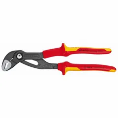 Insulated V-jaw tongue and groove pliers with push-button adjustment. Max jaw opening 2 in, overall length 10 in, jaw width 1 1/8 in. Suitable for gripping and turning pipes, nuts, and fittings in electrical and plumbing applications.