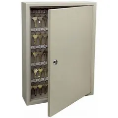 Steel cabinet with beige enamel finish, wall-mounted, for organizing and securing up to 60 keys. Dimensions: 19 1/2 in Ht, 13 5/8 in Wd, 4 3/4 in Dp. Includes key tags; mounting hardware not included. Suitable for key management in facilities requiring controlled access.