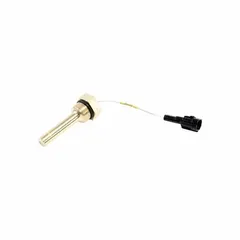 This open-mounted temperature sensor features a brass construction with a metal housing and plug-in electrical connection. Designed for remote immersion mounting, it provides single-point measurement over a range of -40°F to 302°F. Suitable for monitoring fluid or air temperature in HVAC and refrigeration systems.