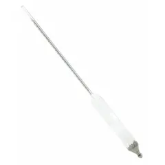 Baume Plain Form hydrometer with a range of 59/71 and scale divisions of 0.1. Overall height is 11 3/4 inches. Used to measure specific gravity of liquids in applications such as chemical mixing, brewing, and wastewater treatment.