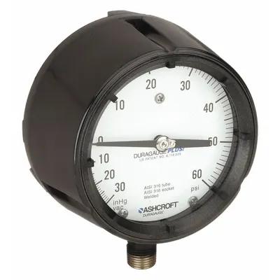 ASHCROFT Process Compound Gauge: 0 psi to 60 psi, White, 4 1/2 in Dial, 1/2 in NPT Male - Vibration-Resistant All-Stainless Steel Wetted Parts & Casing