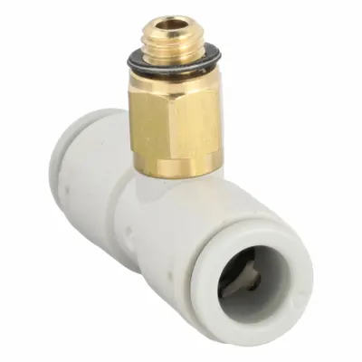 SMC Push-Fit Tee Fitting: 6 mm OD x 6 mm OD x 5 mm Pipe x 6 mm OD Size, 29 mm Overall Lg - Polybutylene & Brass Tube Fittings