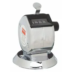This mechanical counter is designed for bench top mounting or handheld use. It features a white body and a silver LCD display. Typical applications include counting cycles, parts, or events in industrial and manufacturing settings such as quality control, production line tallying, and inventory counting.