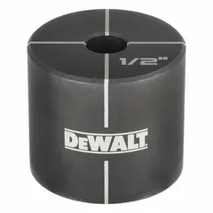 This DEWALT knockout die is a hydraulic tool for creating clean round holes in sheet metal. It has a 1/2 in nominal size and is rated for 10 ga steel capacity. Suitable for electrical panel fabrication and metal enclosure work.