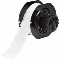 Vinyl wraparound label with white matte finish, measuring 3/4 in by 1 1/2 in. Designed for wire gauges 12 AWG to 4 AWG. Compatible with BBP33 printer series and requires B30-R4300 ribbon. Used for permanent identification of wires and cables in industrial panel building, electrical maintenance, and OEM equipment labeling.