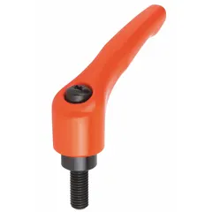 Teardrop-style adjustable handle with a zinc body and steel threaded stud. Features an M6 thread with 20 mm thread length and 40 mm overall length in an orange finish. Used for manual clamping, positioning, and adjustment of machinery components in jigs, fixtures, and assembly equipment.