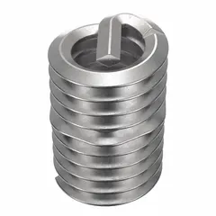 Free-running helical insert with tanged tang for #8-32 UNC threads. Made from 18-8 stainless steel with tensile strength 200,000-250,000 psi. Plain finish. Supplied in 1,000-piece pack. Used to repair or reinforce threads in metal components.