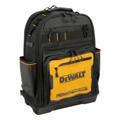 Polyester tool backpack in high-visibility yellow. Measures 13-3/4 inches wide, 7-3/4 inches deep, and 18-3/4 inches high. Designed for carrying and organizing tools on job sites, with hands-free transport between work areas.