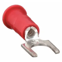 Insulated fork terminal from the 3M TR Series with a funnel barrel and block fork design. Rated for 1000V, it accommodates 22 to 18 AWG wire and fits #6 studs. Used for secure, vibration-resistant connections in control panels and power distribution where quick disconnect is needed.