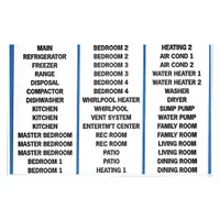 Vinyl cloth label sheets with black legends on white background. Contains 450 labels with assorted load center and residential legends. Used for identifying wires in electrical panels and load centers