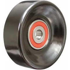 Steel flat flangeless idler pulley for light-duty serpentine belt systems. Maintains belt tension and alignment in automotive accessory drives. Suitable for vehicle engine and radiator exhaust maintenance applications.