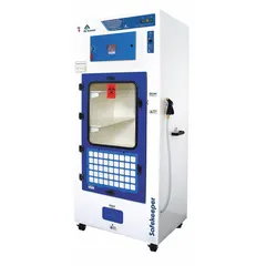 This evidence drying cabinet from AIR SCIENCE is designed for use in uncontrolled environments. It features an epoxy-coated polypropylene/steel housing and includes a base/stand. The cabinet measures 36 inches in width, 27 3/4 inches in depth, and 6 1/4 feet in overall height. It is used for safely drying forensic evidence while preventing cross-contamination.