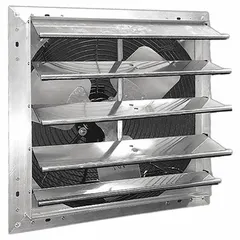 This DAYTON shutter-mount exhaust fan features an 18-inch aluminum blade and a 1/4 hp totally enclosed air-over motor. It delivers 3,128 cfm at 115V AC, single-phase, with single-speed operation. Designed for wall or roof installation, it is used to remove heat, fumes, or stale air in industrial ventilation applications.