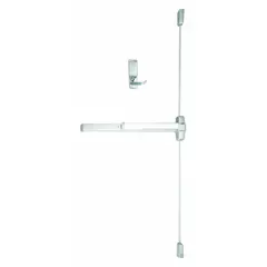 Chrome-finished surface vertical rod exit device with touchbar. Designed for doors up to 4 ft wide. Functions as a dummy pull. Suitable for commercial and industrial egress applications.
