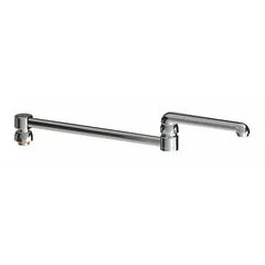 This brass spout features a double-jointed/swivel design for flexible positioning. It is finished in polished chrome and includes mounting hardware. Suitable for commercial kitchens, laboratories, and janitorial sinks where precise water delivery over multiple basins is required.