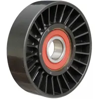 Light-duty serpentine idler pulley with flat, flangeless polymer construction. Guides and tensions serpentine belts in vehicle accessory drive systems. Flangeless design reduces belt wear and noise
