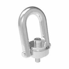 This pivot and rotate hoist ring is designed for pulling operations in material handling and rigging applications. It features a black oxide-coated steel construction for corrosion resistance, with an M16-2.00 thread size and a maximum load capacity of 4,185 lb.