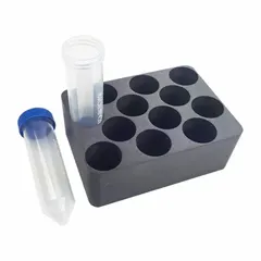 Dry evaporator and concentrator block with 12 positions for 50 mL centrifuge tubes. Overall dimensions: 5 1/2 in length, 4 in width. Compatible with evaporators for laboratory sample concentration and evaporation processes.