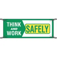 This polyethylene banner is printed on one side and rated for indoor or outdoor use. With a nominal size of 48 in x 120 in, it is suitable for displaying safety messages in industrial facilities, warehouses, or construction sites