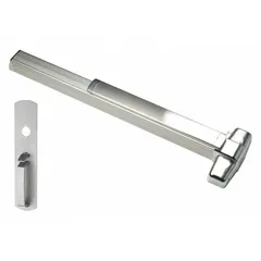 This concealed vertical rod exit device features a chrome finish and a touchbar style for push-pad operation. It includes a thumbpiece pull outside trim and is ADA compliant. Suitable for commercial doors up to 3 ft wide, it provides secure egress in buildings such as schools, offices, and hospitals.