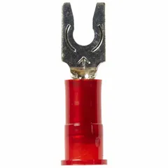 Insulated fork terminal with nylon insulation grip barrel and locking fork design. Rated 600 V, for #4 stud size, accepting 22 AWG to 18 AWG wire. Used for secure electrical connections in control panels, industrial machinery, and automotive wiring.