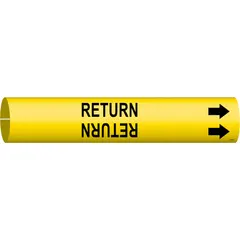 This snap-on pipe marker identifies return lines in industrial piping systems. The yellow background with black legend and directional arrows provides clear flow indication on pipes with 4 to 6 inch outer diameter. Suitable for use in facility piping identification applications.