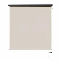 This Regal Series sun shade operates via a pole and crank mechanism on the right side. It features a 7 ft valence width with cream fabric and an oil-rubbed bronze valance. The bungee and hook tie-down system secures the shade. Provides 90% UV protection for outdoor use.