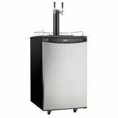 Silver-finished kegerator with two dispensers and 40-gallon capacity. Energy Star Certified for efficient operation. Suitable for dispensing two beverages simultaneously in commercial or hospitality settings.