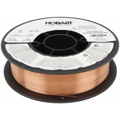 Carbon steel ER70S-6 filler metal for gas metal arc welding (GMAW) of mild and low-alloy steels. Supplied on an 11 lb plastic spool with 0.03 in diameter. As-welded tensile strength of 70 ksi and yield strength of 58 ksi.