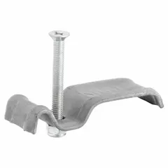 This carbon steel saddle clip is a nut-and-bolt type component for securing grating to bearing bars in industrial walkways and platforms. It fits 1-inch bearing bar spacing and accommodates a bearing bar thickness of 1/4 cm.
