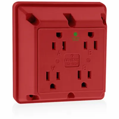 LEVITON Receptacle: Hospital Grade, Quad, 5-15R, Red, 125V AC, 15 A, 2 Pole / 3 Wire (MPN 1254-HR) - General Purpose Receptacles
