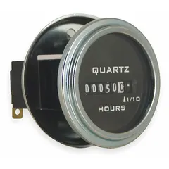 Analog hour meter with round bezel and flush mounting for front panel installation. Operates on 10 to 80 V DC and records elapsed time in tenth-hour increments. CUL listed with NEMA 4 enclosure rating suitable for indoor or outdoor use where dust and water splash exposure may occur.