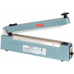 Tabletop impulse heat sealer for sealing polyethylene bags, poly tubing, and heat-sealable films. Maximum seal length 12 in, seal width 1/8 in, and seal thickness 6 mil. Suitable for packaging and industrial applications.