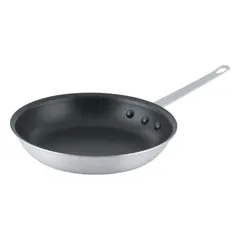 This 10-inch diameter fry pan is made of aluminum with a non-stick coating and a silver finish. It features a riveted aluminum handle and is NSF Certified. Suitable for commercial cooking tasks requiring easy food release and quick cleanup.