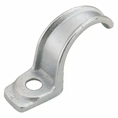 Electroplated iron screw-on hole strap for 3-inch rigid metal conduit (RMC). Suitable for wet or dry locations. Overall dimensions: 1-15/32 in width, 3-25/32 in height, 6-19/32 in length. Thread size: 9/16 in.