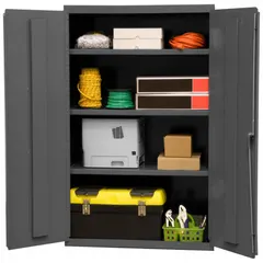 Assembled steel shelf cabinet with welded frame and gray powder-coated finish. Includes three adjustable shelves and a swing handle with keyed lock. Panel thickness is 14 gauge. Suitable for organizing and securing tools, parts, and equipment in warehouses, factories, and maintenance facilities.