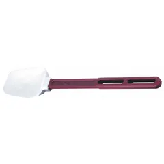 This spoonula features a silicone blade and nylon handle, with a blade width of 2 7/8 in and overall length of 16 1/2 in. It is NSF Certified for food safety and is not dishwasher safe. Suitable for stirring, scraping, and serving in commercial kitchens.