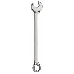 This SAE 6-point combination wrench features a 9/16 in head size and a 7 1/2 in overall length with an offset design. The chrome finish provides corrosion resistance. Suitable for tightening or loosening fasteners in confined spaces where a straight wrench may not fit.