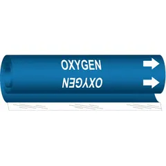 Wrap-around pipe marker for identifying oxygen lines. Blue background with white legend and directional arrows. Fits pipe outer diameters from 1/2 to 1-3/8 inches. Single marker for use in industrial piping systems.
