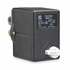 Diaphragm-actuated pressure switch with a 45 to 160 psi range and 3/8" FNPT connection. Provides motor overload protection for air and water systems, commonly used on compressors, pumps, and industrial equipment. Features Auto/Off/Reset control mode.