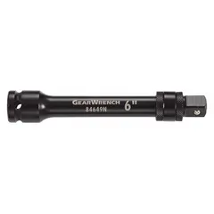 This 12-inch impact socket extension features a 1/2-inch input and output drive size. It is constructed with a manganese phosphate finish for corrosion resistance and includes a locking mechanism to secure sockets. Designed for use with impact wrenches and ratchets, it extends reach to fasteners in confined or recessed areas.