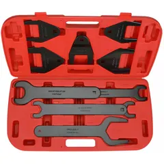 This 10-piece fan clutch wrench set from WESTWARD is made of carbon steel and includes five wrenches. It is used for servicing fan clutches on heavy-duty trucks, agricultural equipment, and industrial machinery, providing a universal fit for holding and turning clutch components during repair or replacement.