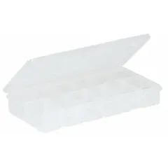 This clear plastic compartmented box features 12 adjustable compartments for organizing small components such as fasteners, beads, or electronic parts. Its transparent construction allows quick visual identification of contents. Suitable for workshops, labs, and assembly stations where part segregation is required. Not electrostatic discharge conductive.