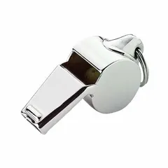 This metal whistle in silver finish is used for signaling, safety alerts, and sports officiating in industrial and commercial environments.